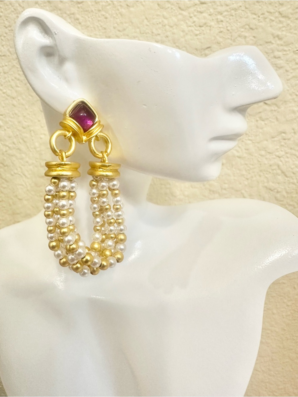 18k Matte Gold-Plated Pearl Cluster Drop Earrings with Purple Stone